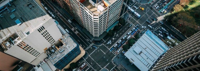 view down of a city street and cars