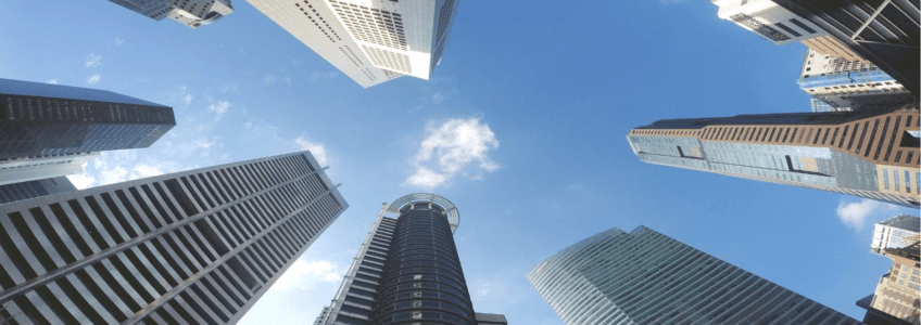 oval view up of skyscraper buildings