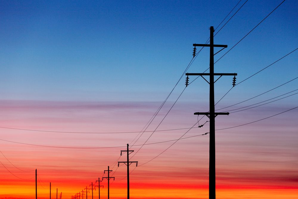telephone wire and poles at sunset